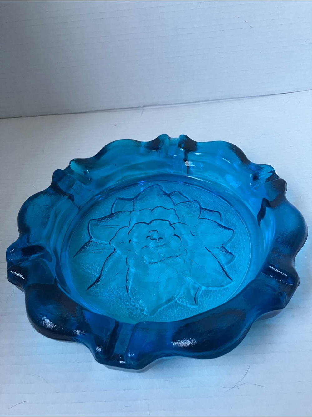 Blue Glass Floral Large Vintage Ashtray Heavy 9” Diameter